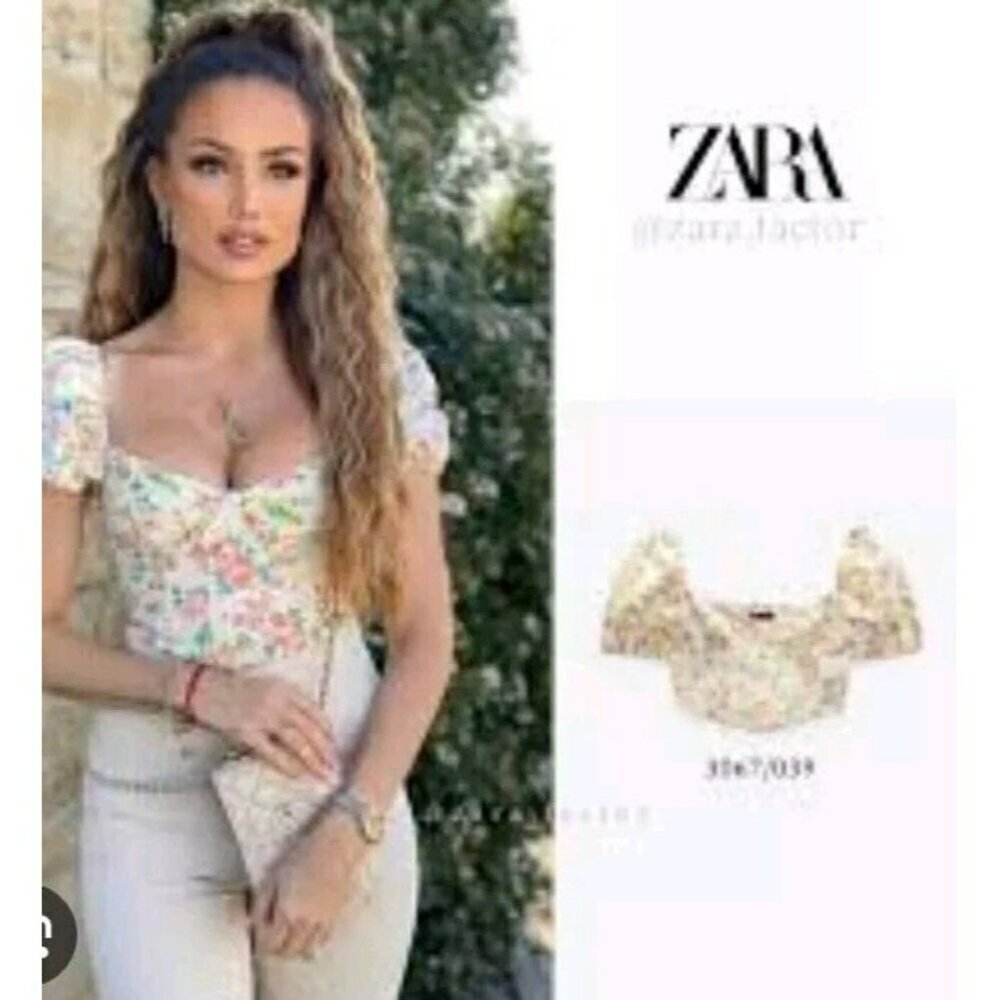 Zara White Floral Poplin Crop Top Smocked Puff Sleeve Size Small 3067 039